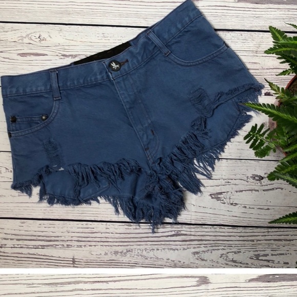 One Teaspoon Blue Distressed Jean Shorts - Picture 1 of 4